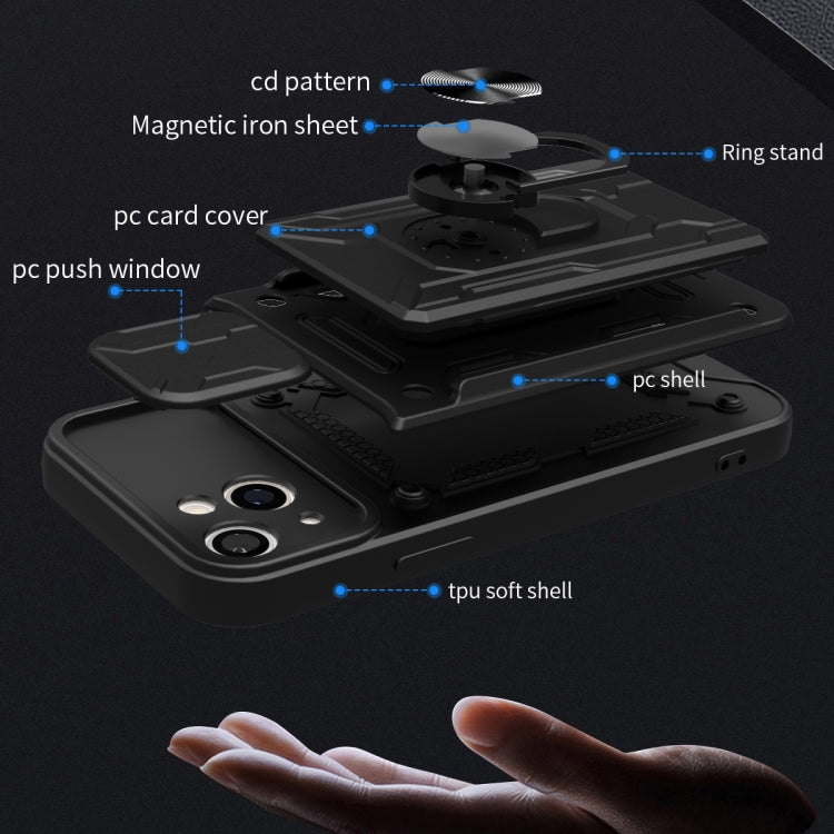 For iPhone 15 Sliding Camshield TPU+PC Phone Case with Card Slot
