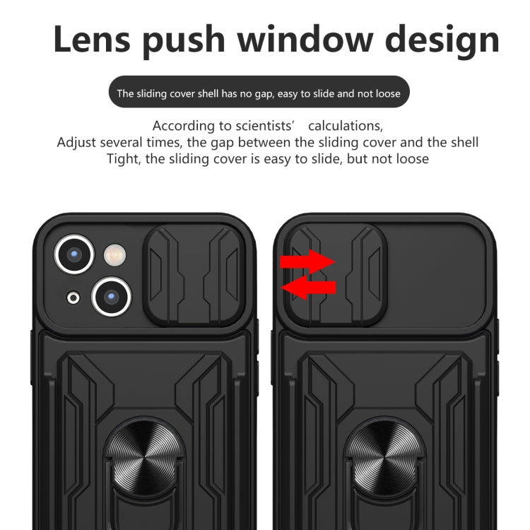 For iPhone 15 Sliding Camshield TPU+PC Phone Case with Card Slot