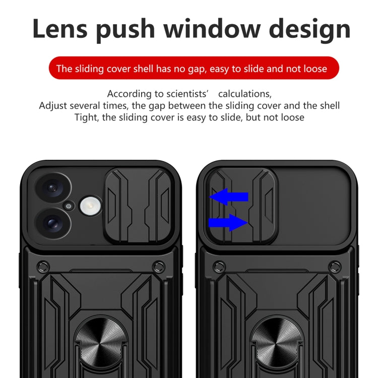For iPhone 16 Plus Sliding Camshield TPU+PC Phone Case with Card Slot
