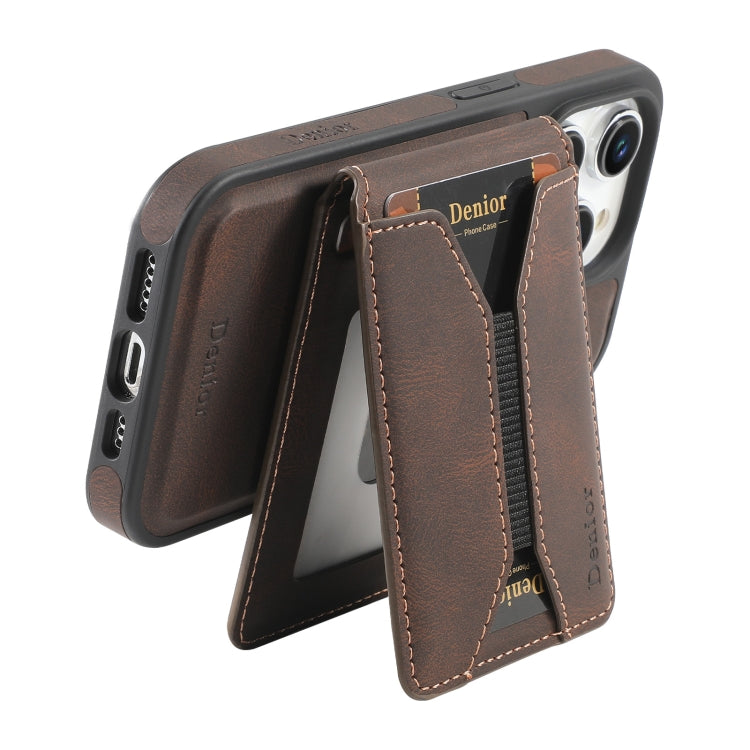 For iPhone 15 Plus / 14 Plus Denior D18 Skin Feel Rotating Holder MagSafe Detachable Card Slot Phone Case