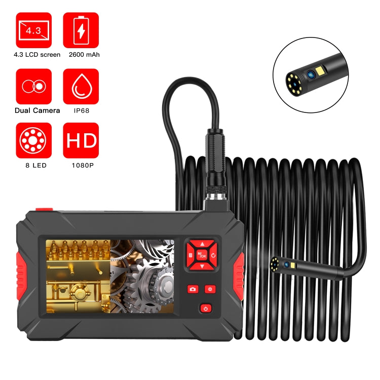 P30 8mm 1080P IP68 Waterproof 4.3 inch Screen Dual Camera Digital Endoscope, Length:5m Hard Cable(Black)