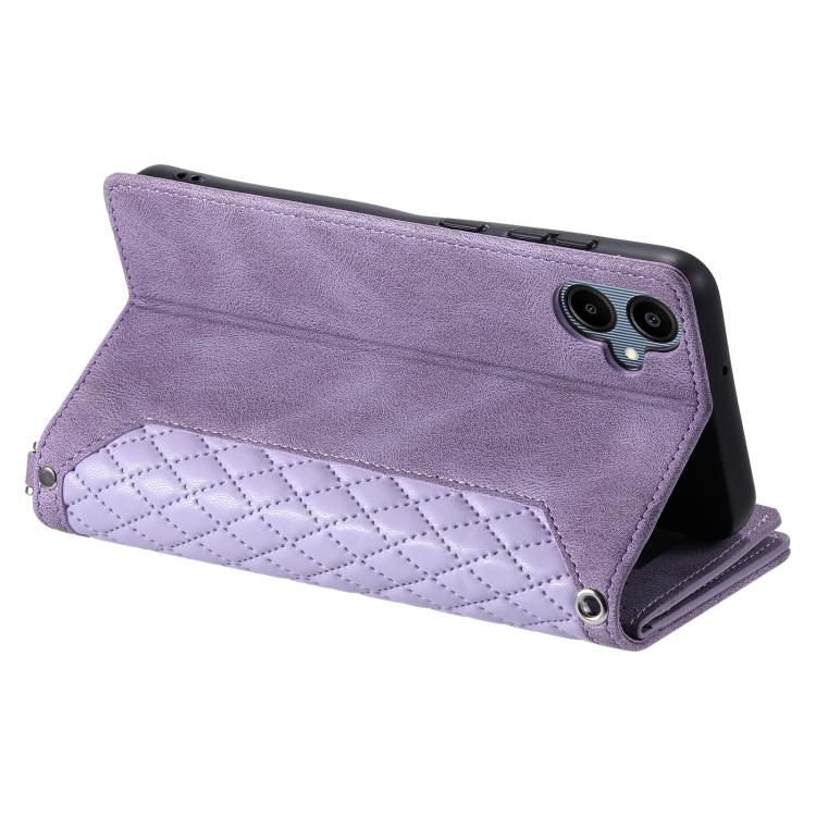 For Samsung Galaxy A07 4G Grid Texture Zipper Leather Phone Case with Lanyard