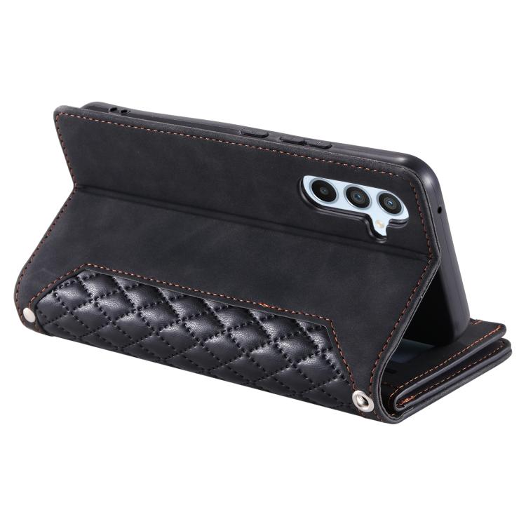 For Samsung Galaxy A17 5G Grid Texture Zipper Leather Phone Case with Lanyard