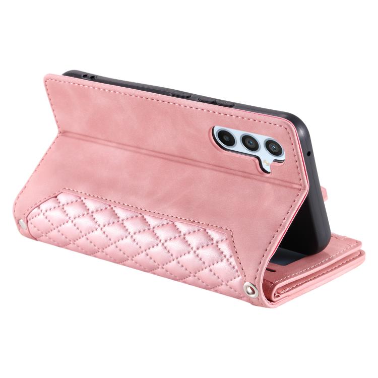 For Samsung Galaxy A17 5G Grid Texture Zipper Leather Phone Case with Lanyard
