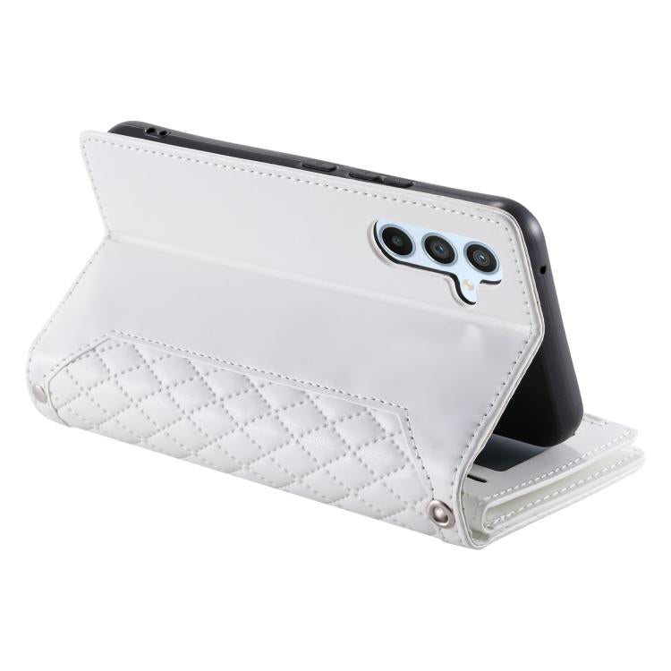 For Samsung Galaxy A17 5G Grid Texture Zipper Leather Phone Case with Lanyard