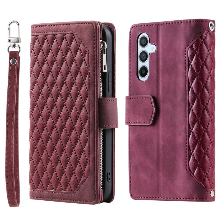 For Samsung Galaxy A37 5G Grid Texture Zipper Leather Phone Case with Lanyard