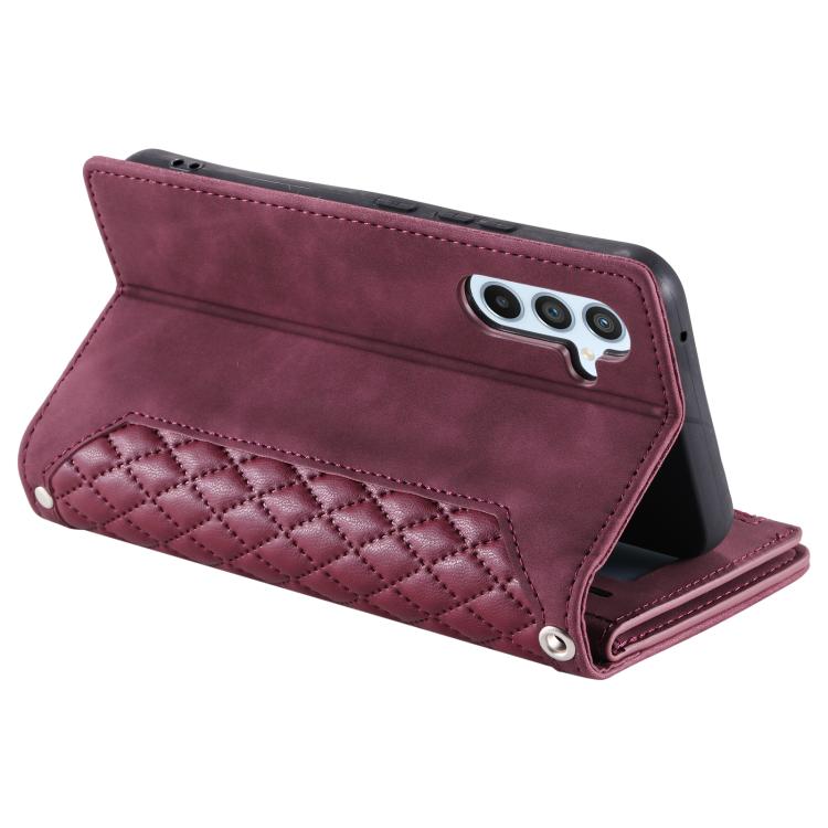For Samsung Galaxy A37 5G Grid Texture Zipper Leather Phone Case with Lanyard