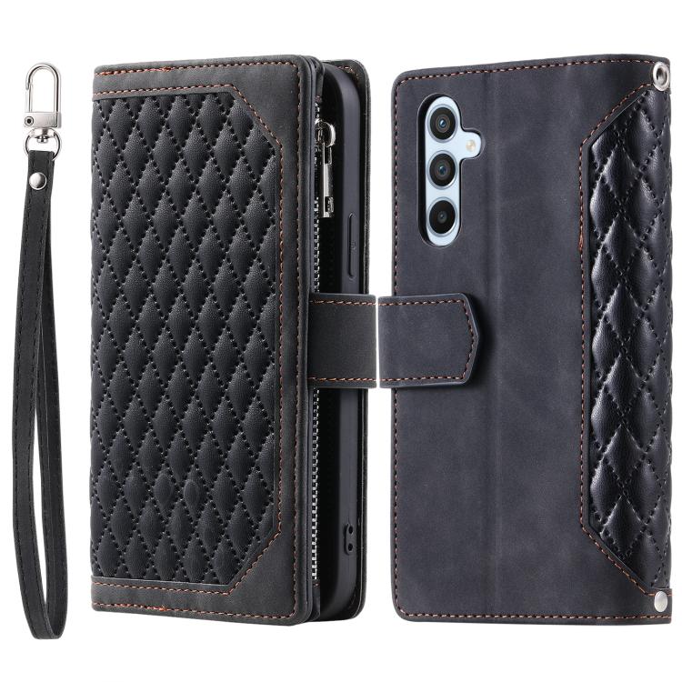 For Samsung Galaxy A37 5G Grid Texture Zipper Leather Phone Case with Lanyard