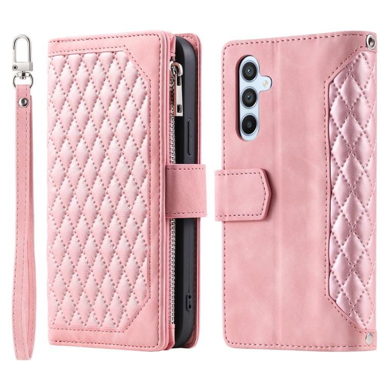 For Samsung Galaxy A37 5G Grid Texture Zipper Leather Phone Case with Lanyard