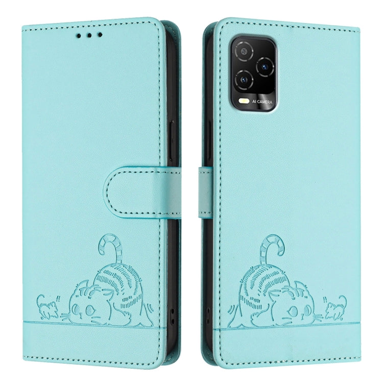 For BLU View 5 Pro Cat Rat Embossed RFID Leather Phone Case with Lanyard