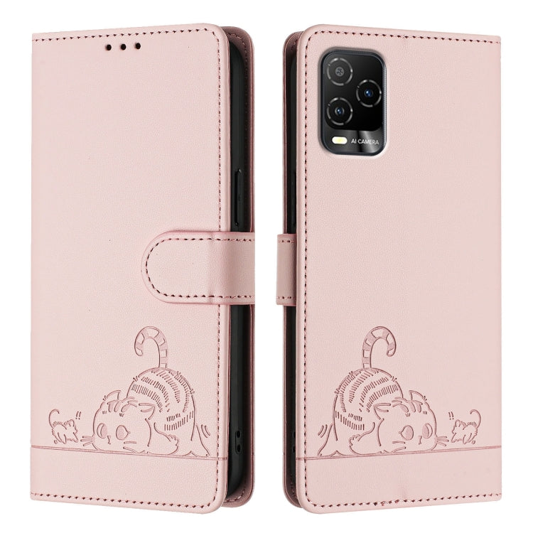 For BLU View 5 Pro Cat Rat Embossed RFID Leather Phone Case with Lanyard