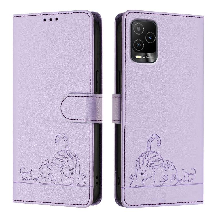For BLU View 5 Pro Cat Rat Embossed RFID Leather Phone Case with Lanyard