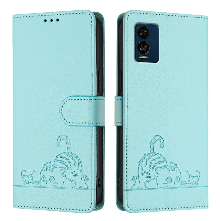 For BLU View Speed 5G Cat Rat Embossed RFID Leather Phone Case with Lanyard