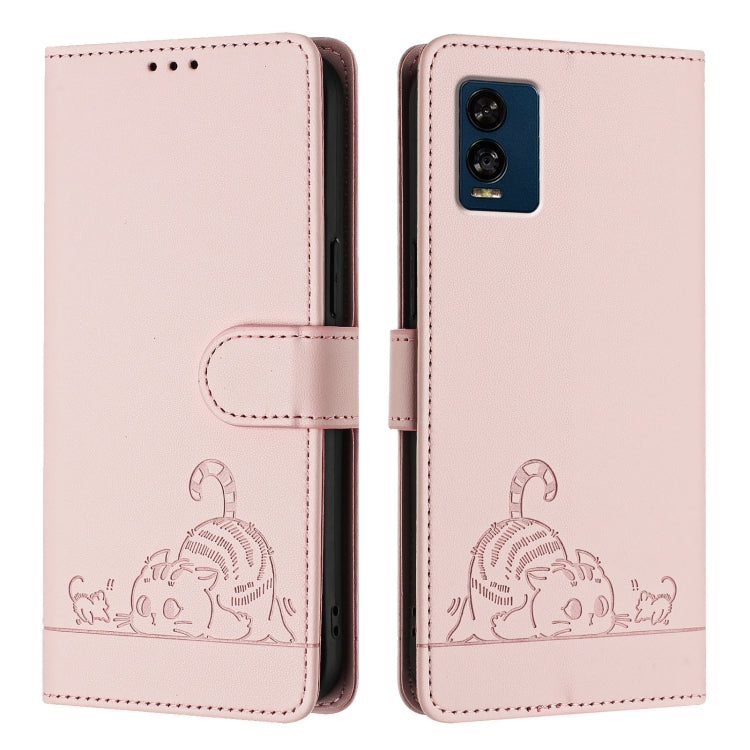 For BLU View Speed 5G Cat Rat Embossed RFID Leather Phone Case with Lanyard