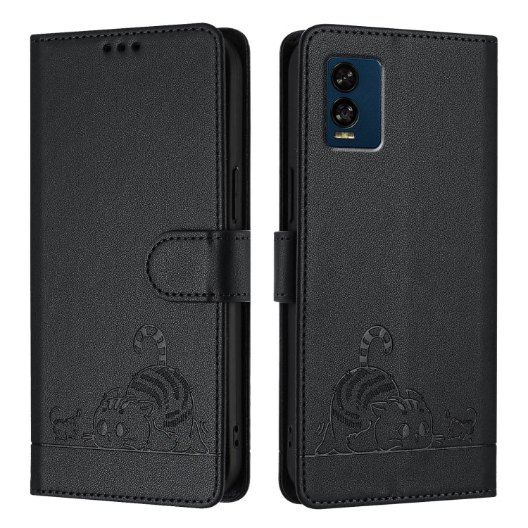 For BLU View Speed 5G Cat Rat Embossed RFID Leather Phone Case with Lanyard