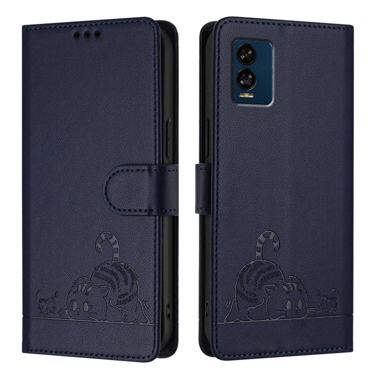 For BLU View Speed 5G Cat Rat Embossed RFID Leather Phone Case with Lanyard
