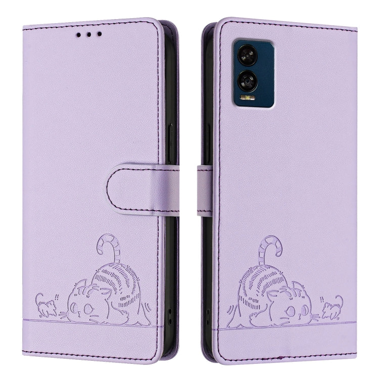 For BLU View Speed 5G Cat Rat Embossed RFID Leather Phone Case with Lanyard