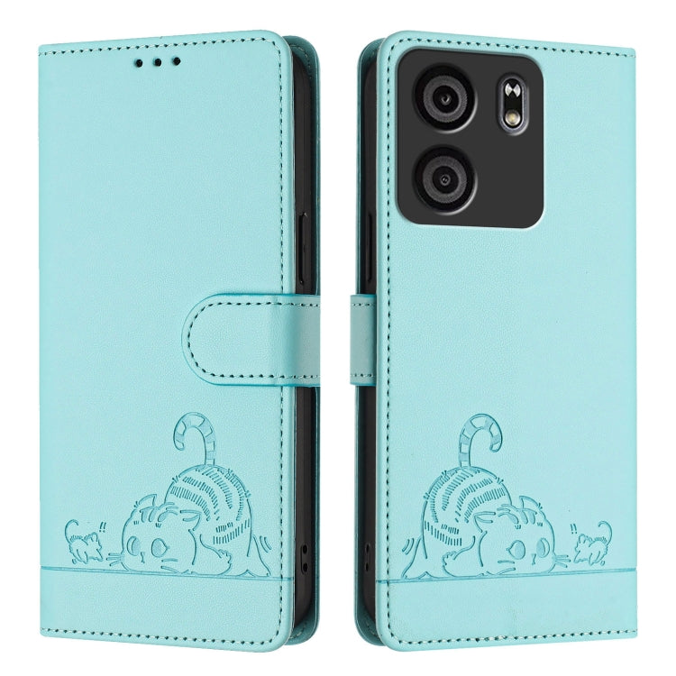 For BLU View 5 Cat Rat Embossed RFID Leather Phone Case with Lanyard