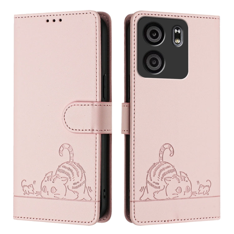 For BLU View 5 Cat Rat Embossed RFID Leather Phone Case with Lanyard