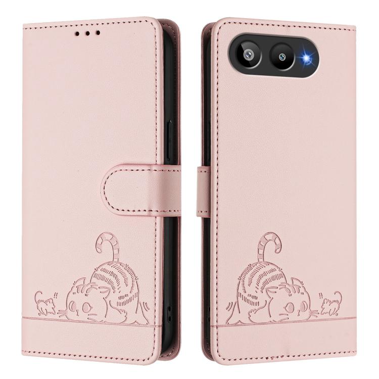 For BLU G95 Cat Rat Embossed RFID Leather Phone Case with Lanyard