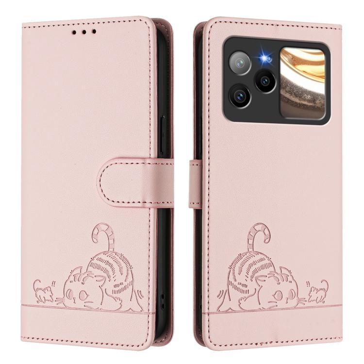 For BLU Bold N4 Cat Rat Embossed RFID Leather Phone Case with Lanyard