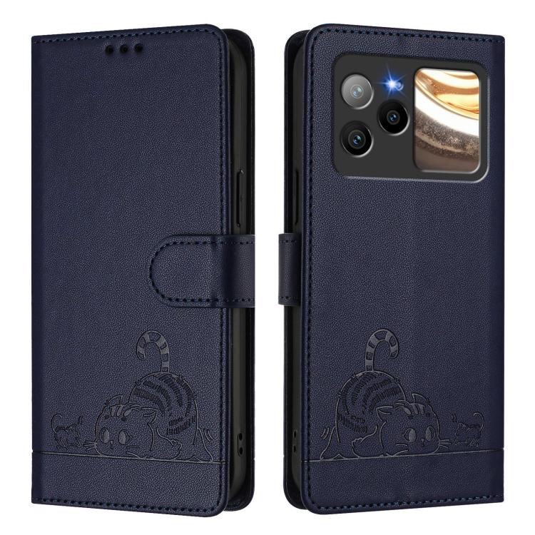 For BLU Bold N4 Cat Rat Embossed RFID Leather Phone Case with Lanyard