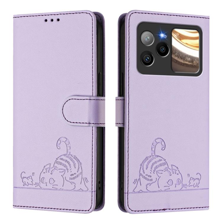 For BLU Bold N4 Cat Rat Embossed RFID Leather Phone Case with Lanyard