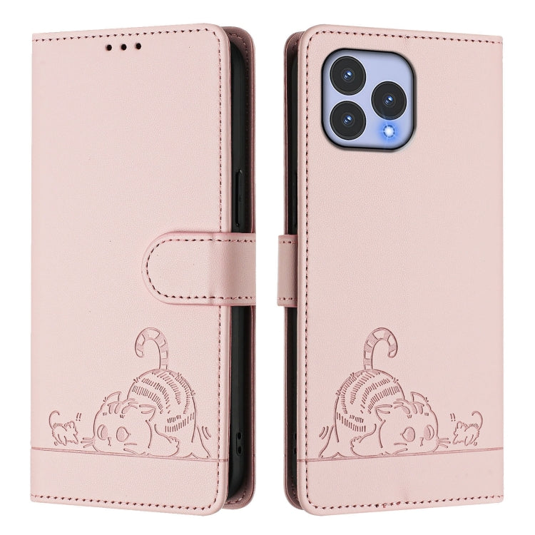 For Wiko T60 Cat Rat Embossed RFID Leather Phone Case with Lanyard