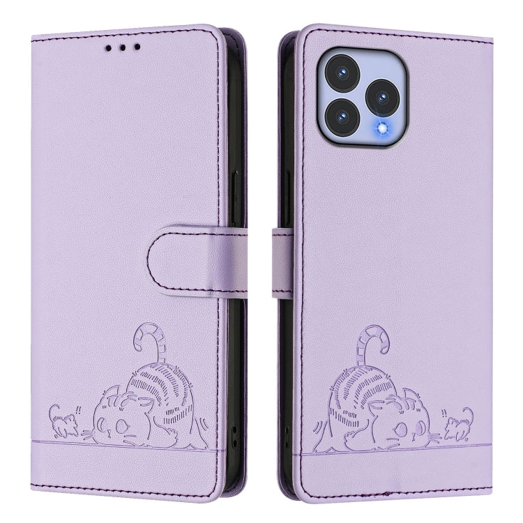 For Wiko T60 Cat Rat Embossed RFID Leather Phone Case with Lanyard