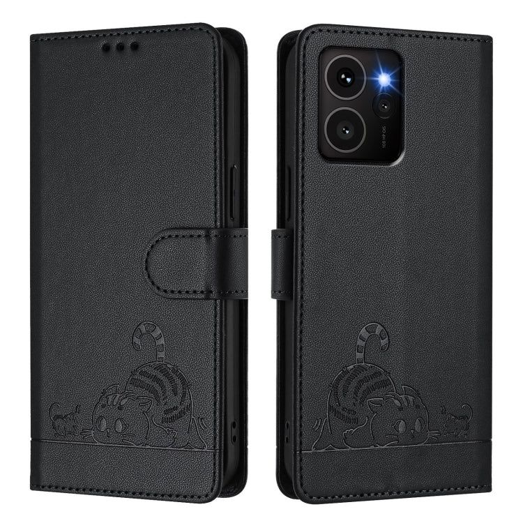 For HMD Skyline Cat Rat Embossed RFID Leather Phone Case with Lanyard