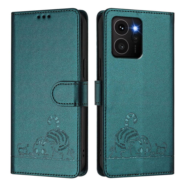 For HMD Skyline Cat Rat Embossed RFID Leather Phone Case with Lanyard