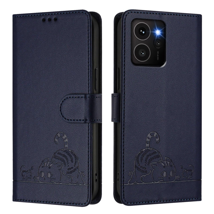 For HMD Skyline Cat Rat Embossed RFID Leather Phone Case with Lanyard