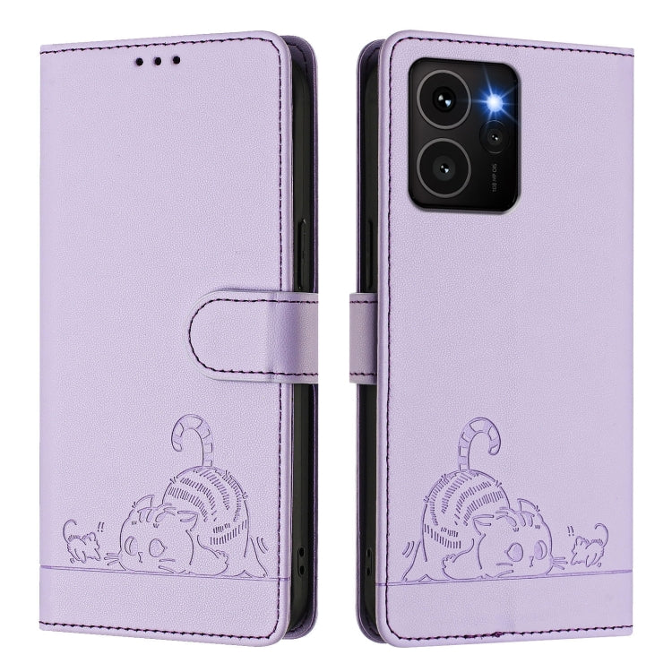 For HMD Skyline Cat Rat Embossed RFID Leather Phone Case with Lanyard