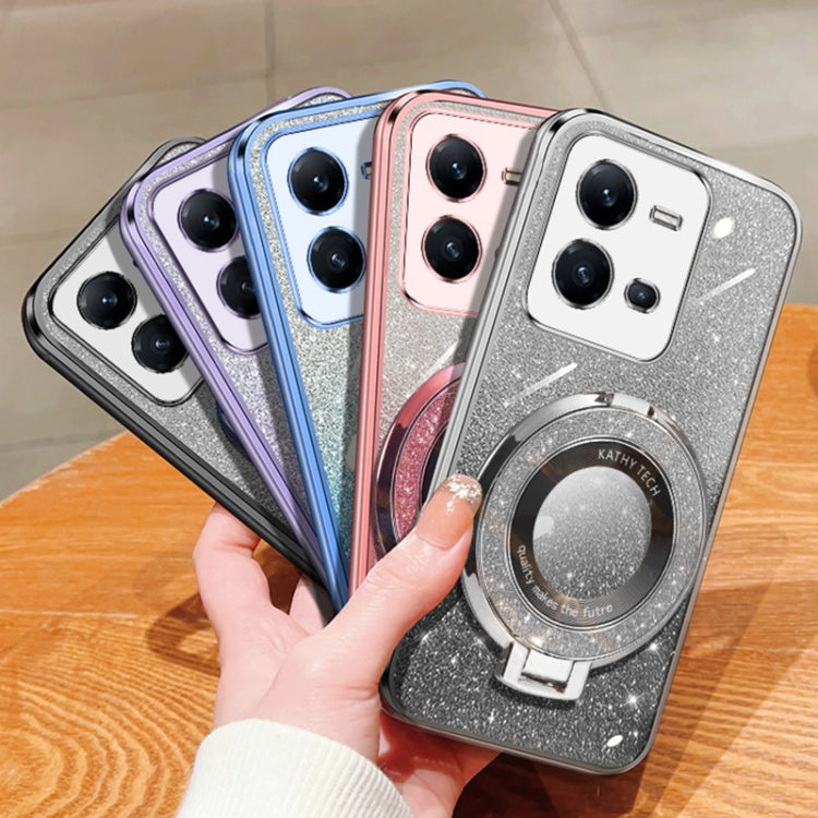 For vivo V25 5G Plated Gradient Glitter Round Holder TPU Phone Case