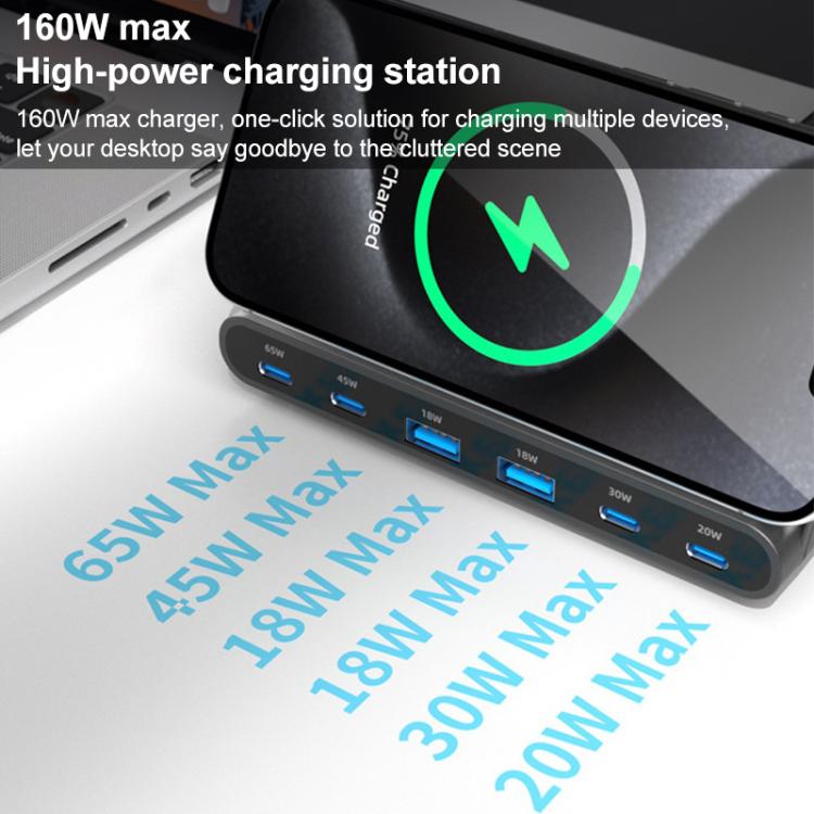 160W 4 x Type-C + 2 x USB Multi Ports Charger Support QI Wireless Charging