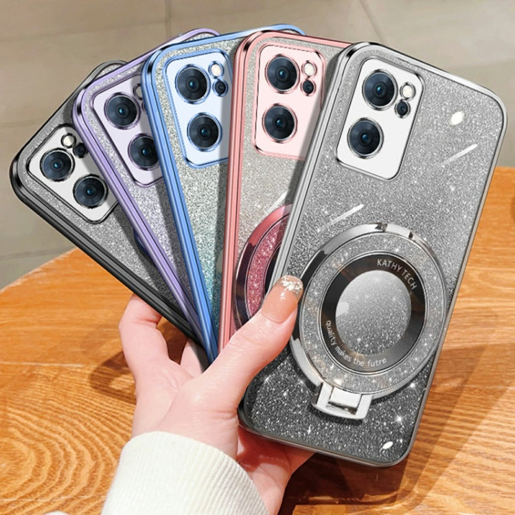 For OPPO Reno7 5G Plated Gradient Glitter Round Holder TPU Phone Case