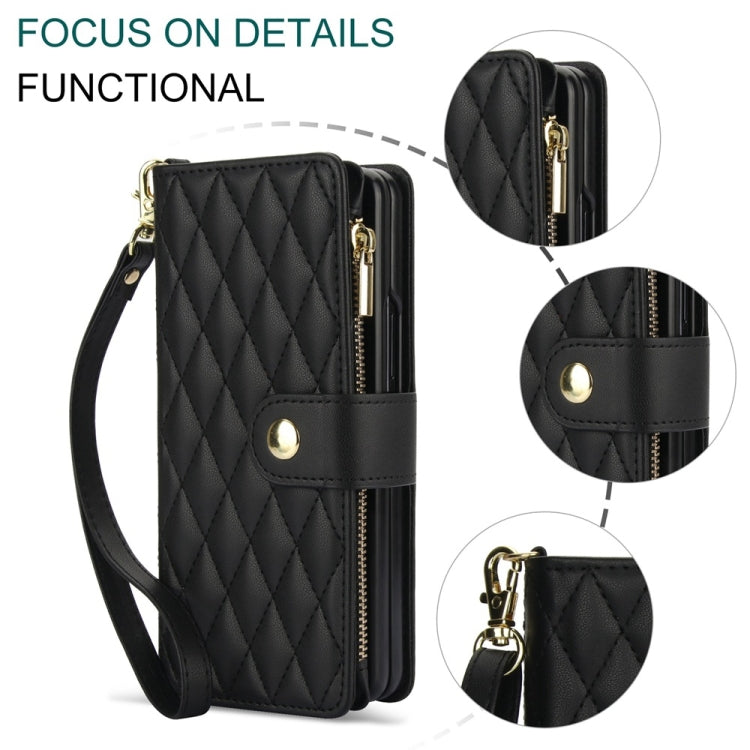 For Samsung Galaxy Z Fold6 Rhombic Zipper Card Wallet Leather Phone Case with Lanyard