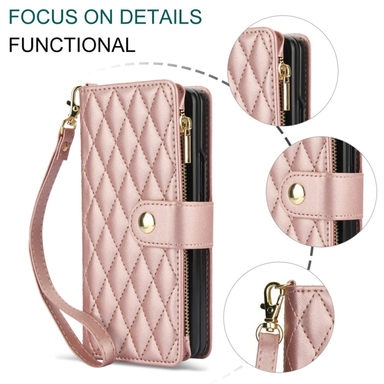 For Samsung Galaxy Z Fold6 Rhombic Zipper Card Wallet Leather Phone Case with Lanyard