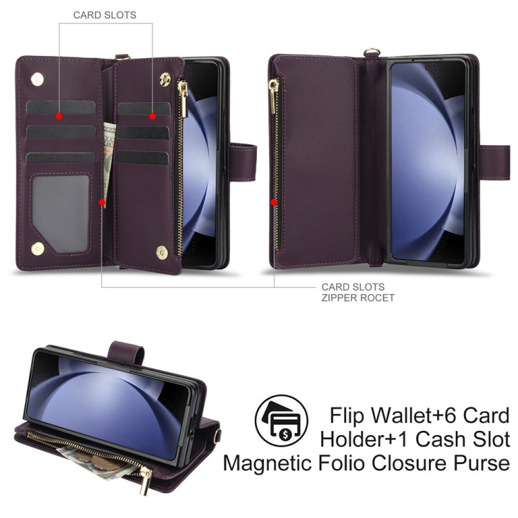 For Samsung Galaxy Z Fold6 Rhombic Zipper Card Wallet Leather Phone Case with Lanyard