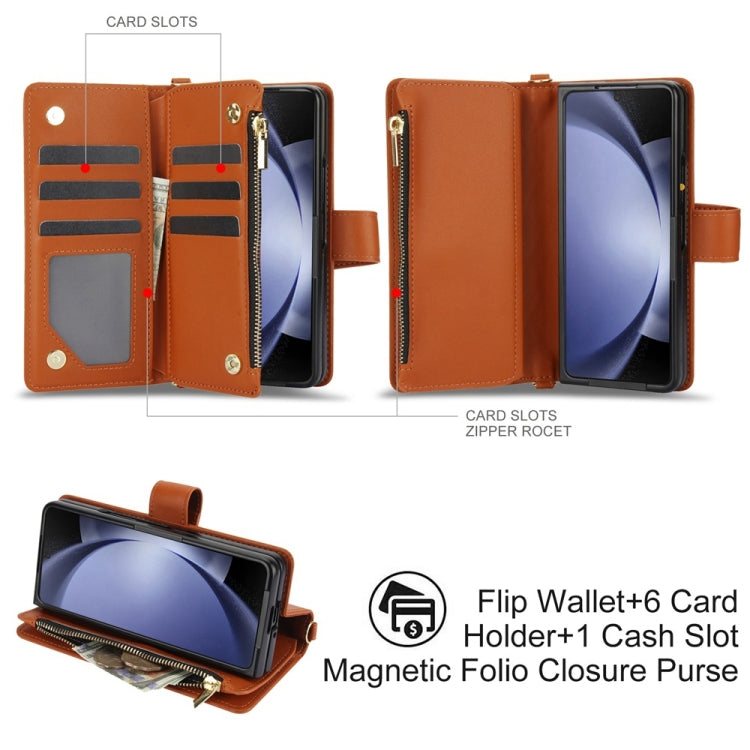 For Samsung Galaxy Z Fold6 Rhombic Zipper Card Wallet Leather Phone Case with Lanyard