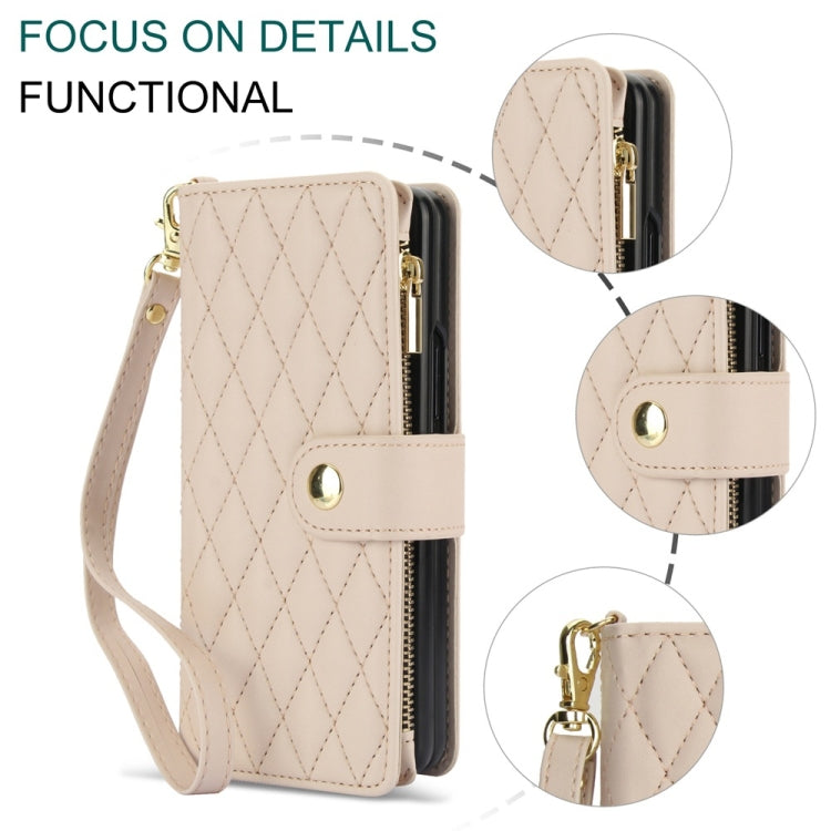 For Samsung Galaxy Z Fold5 Rhombic Zipper Card Wallet Leather Phone Case with Lanyard