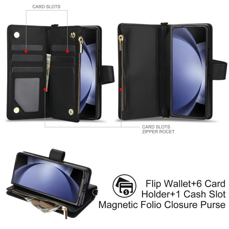 For Samsung Galaxy Z Fold5 Rhombic Zipper Card Wallet Leather Phone Case with Lanyard