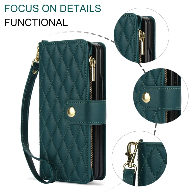 For Samsung Galaxy Z Fold5 Rhombic Zipper Card Wallet Leather Phone Case with Lanyard