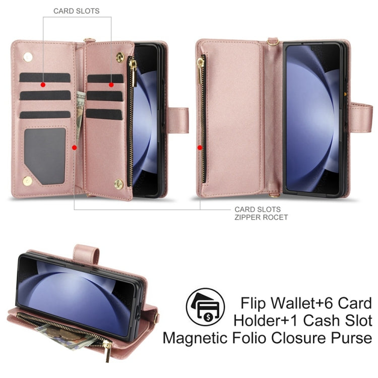 For Samsung Galaxy Z Fold5 Rhombic Zipper Card Wallet Leather Phone Case with Lanyard