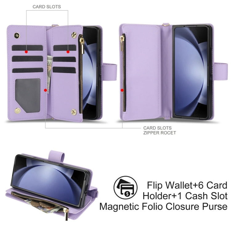 For Samsung Galaxy Z Fold5 Rhombic Zipper Card Wallet Leather Phone Case with Lanyard