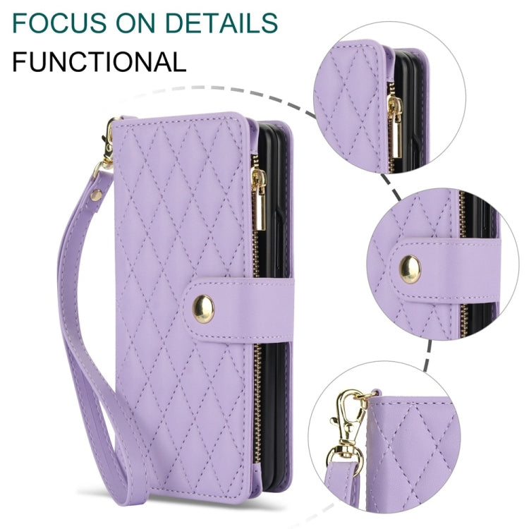 For Samsung Galaxy Z Fold5 Rhombic Zipper Card Wallet Leather Phone Case with Lanyard