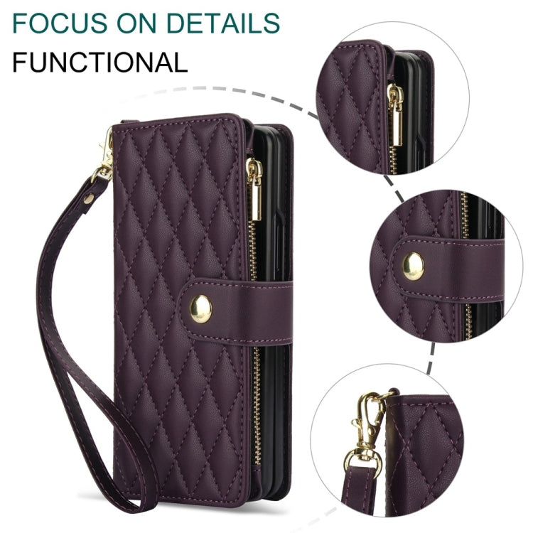 For Samsung Galaxy Z Fold5 Rhombic Zipper Card Wallet Leather Phone Case with Lanyard