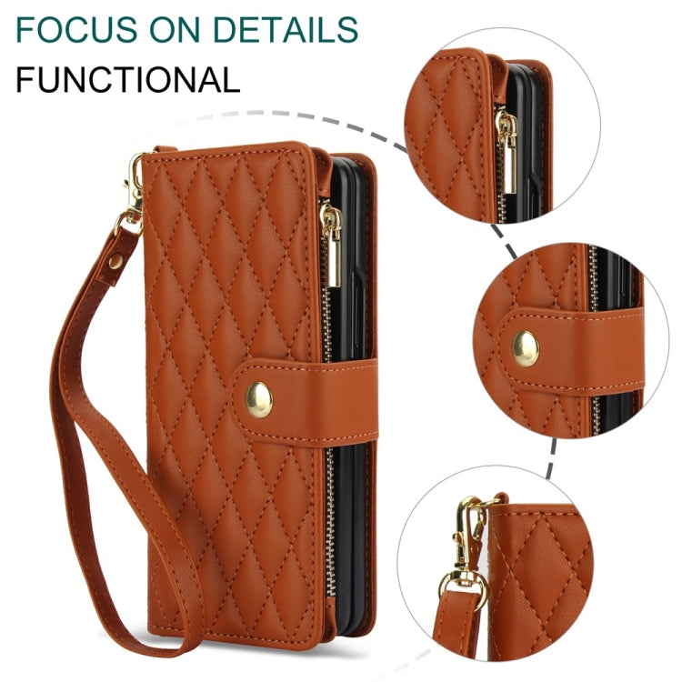 For Samsung Galaxy Z Fold5 Rhombic Zipper Card Wallet Leather Phone Case with Lanyard