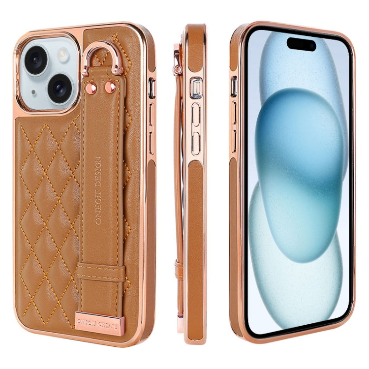 For iPhone 15 Plus VIETAO Rhombic Texture Wristband PU Phone Case
