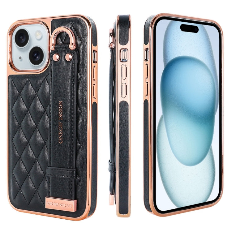 For iPhone 15 Plus VIETAO Rhombic Texture Wristband PU Phone Case
